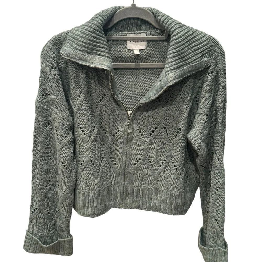 Sage Green Zip-up Funnel Neck Sweater Large
